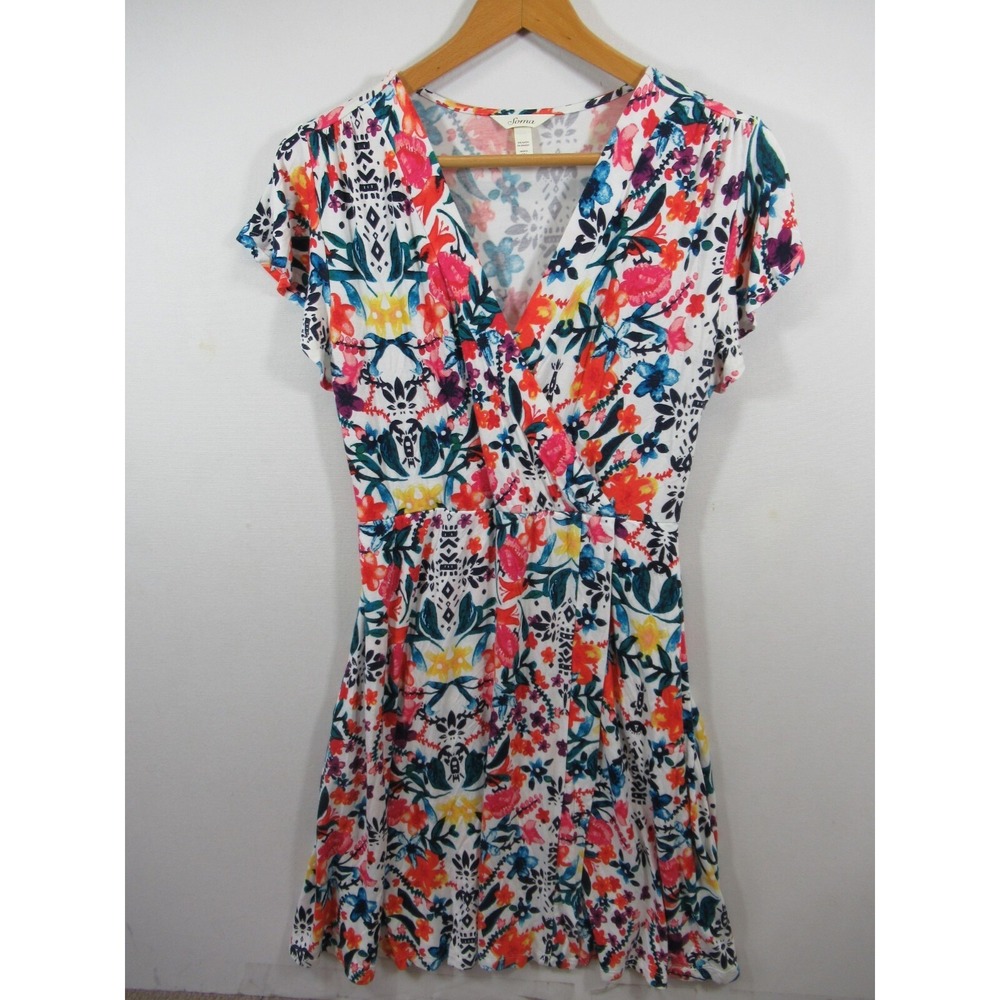 Soma Soft Jersey Wrap Dress Women Medium Floral Pockets Short Sleeve V-neck